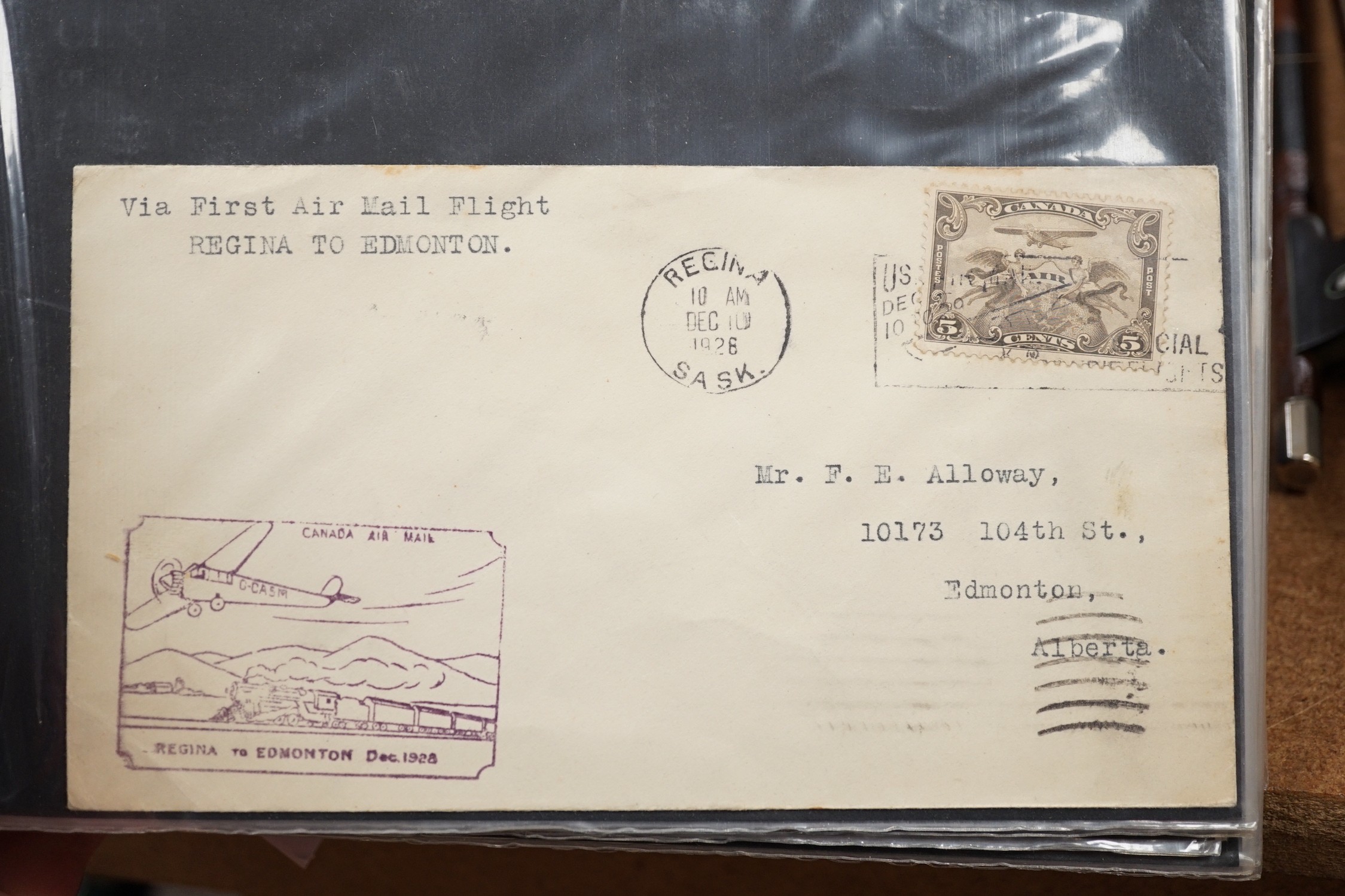 Postal covers in an album, plus loose with Gernsey 1825 scroll postmark, pre stamp 1930’s airmail covers, Canada, USA 1930 ’damaged in plane fire’ cancel